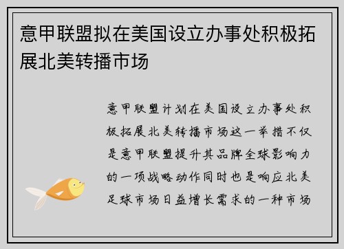 意甲联盟拟在美国设立办事处积极拓展北美转播市场